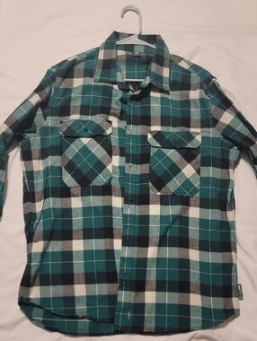 Helly Hansen Teal, Black and White Plaid Button-Up Shirt